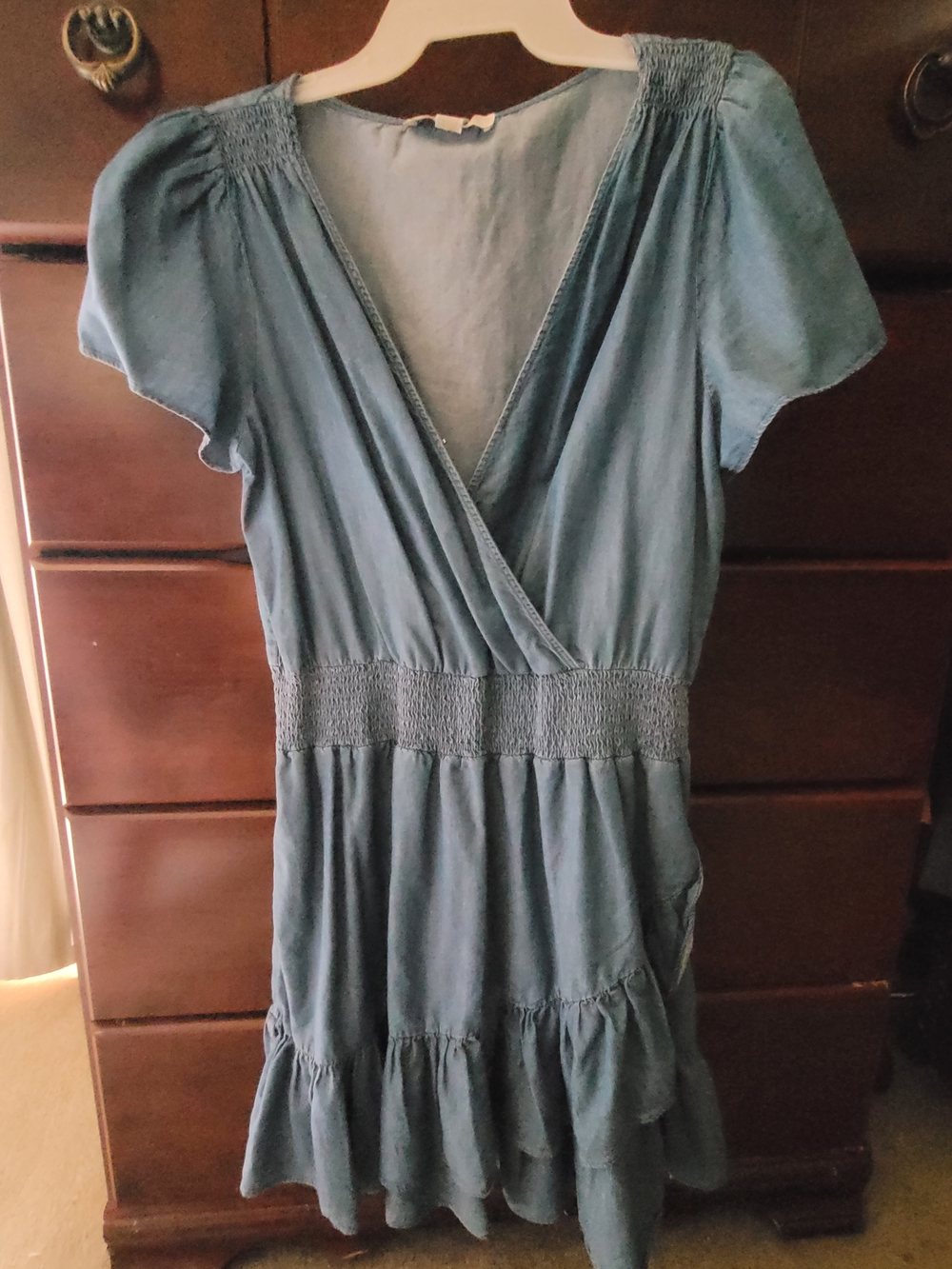Michael Kors Light Blue Short Sleeve Smocked-Waist Midi Dress